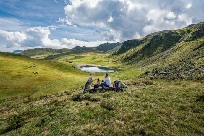 Berglandschaft in den Fideriser Heubergen (Foto: © Steve Hadorn) Eine Wanderin geniesst zusammen mit zwei Hunden die Ruhe und Aussicht in den Fideriser Heubergen