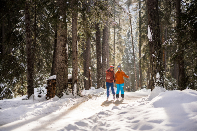Ein Paar kurvt durch den Winterwald auf dem Eisweg Engadin