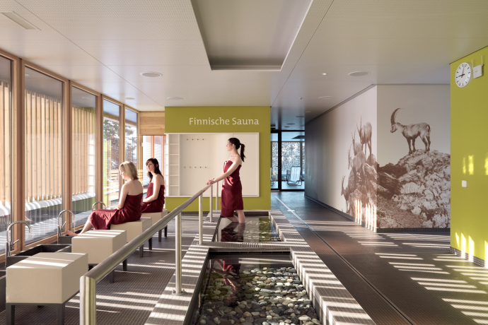 Wellnessbereich des H2Lai in Lenzerheide (Foto: © Bruno Helbling Fotografie Zürich / Sportzentrum Lenzerheide) Drei Frauen im Wellnessbereich des H2Lai in Lenzerheide