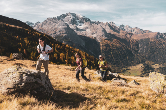 Herbstliche Wanderung auf dem Panoramaweg Darlux in Bergün (Foto: © Marco Hartmann) Ein Mann und zwei Frauen wandern auf dem Panoramaweg Darlux, umgeben von leuchtend bunten Herbstblättern in verschiedenen Farbtönen