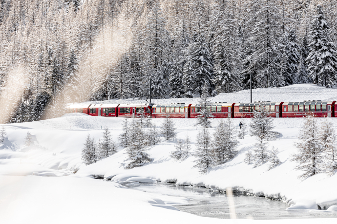 Il Bernina Express percorre un paesaggio invernale innevato vicino a Pontresina nell'Alto Engadino