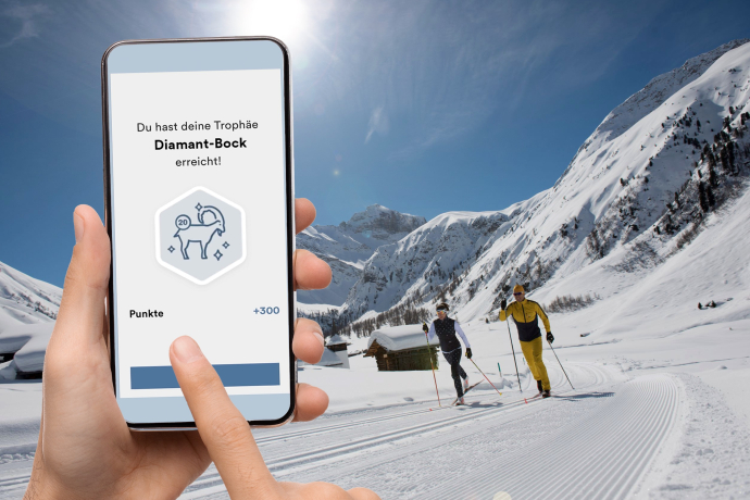 Mit der Langlauf-App «Alle laufen lang» können Steinbock-Trophäen gesammelt werden (im Bild das Sertig). © Graubünden Ferien  Mit der Langlauf-App «Alle laufen lang» können Steinbock-Trophäen gesammelt werden (im Bild das Sertig). © Graubünden Ferien