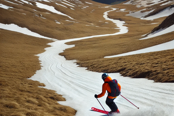 Skifahrer fährt auf schmalem Schneeband durch braune, schneearme Berglandschaft