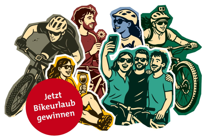 Illustration mit verschiedenen Biketypen: Downhiller, Geniesserin mit Wein, Selfie-Gruppe, Paar auf Tour und sportliche Bikerin mit Actioncam