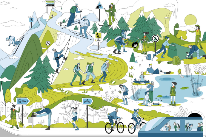 Berglandschaft mit Menschen beim Wandern, Skifahren, Zelten, Velofahren und Entspannen