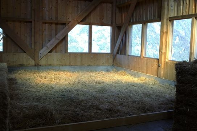 Im gemütlichen Stall der Familie Pedretti finden bis zu 30 Personen ein Bett im Stroh (Foto: © Familie Pedretti) Heubett in einem hellen Holzraum mit grossen Fenstern und Blick in die Berge auf dem Bauernhof Pedretti in Viano