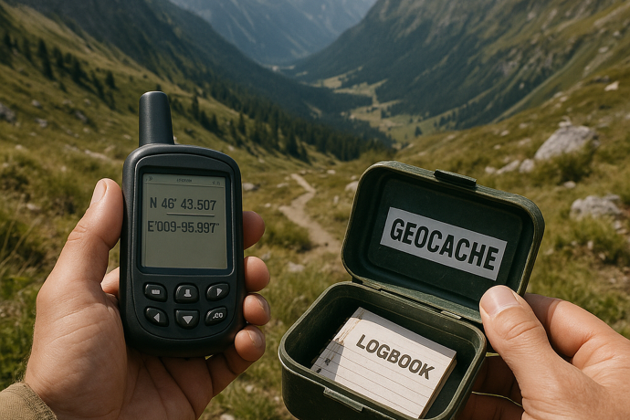 Eine Hand hält einen Geocache-Finder und die andere den gefundenen Cache.