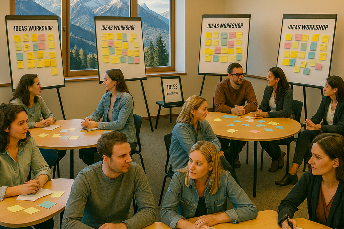 Workshop-Teilnehmende sitzen verteilt an diversen Tischen und im Hintegrund sind Pinnwände mit Postits.