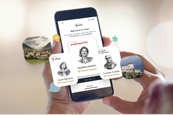 Handydisplay zeigt virtuelle Guides, welche Auskunft zu verschiedenen Themen geben.