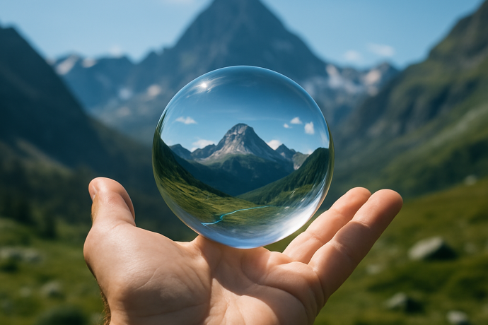 Eine Hand hält eine durchsichtige Kugel in der Hand.