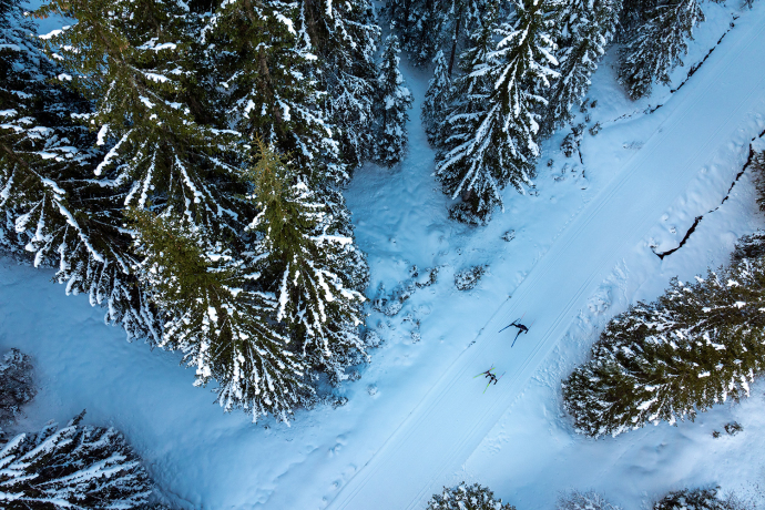 Loipe im Sertig bei Davos – Langlauf durch schneebedeckte Wälder fernab vom Trubel (Foto: © Filip Zuan) Zwei Langläufer auf Loipe im verschneiten Wald im Sertig bei Davos