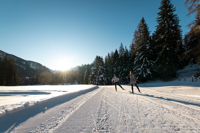 Perfekte Bedingungen zum Langlaufen in der Lenzerheide (Foto: © Filip Zuan) Langläufer in der Wintersonne auf der Loipe in der Lenzerheide