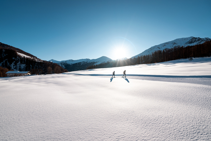 Langlaufen in Fuldera im Val Müstair, einer sonnigen Talregion im Unterengadin, bekannt für ruhige Winterlandschaften und bestens präparierte Loipen (Foto: © Filip Zuan) Zwei Langläufer auf sonniger Loipe im Val Müstair bei Fuldera