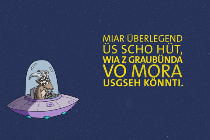 Illustration eines Steinbocks in einem Raumschiff vor Sternenhimmel als Sinnbild für Innovation in Graubünden