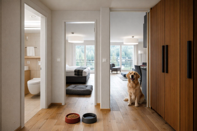 Dog-friendly hotel room at Peaks Place Flims Laax: Golden Retriever with food bowls, modern interior, mountain view from the balcony.