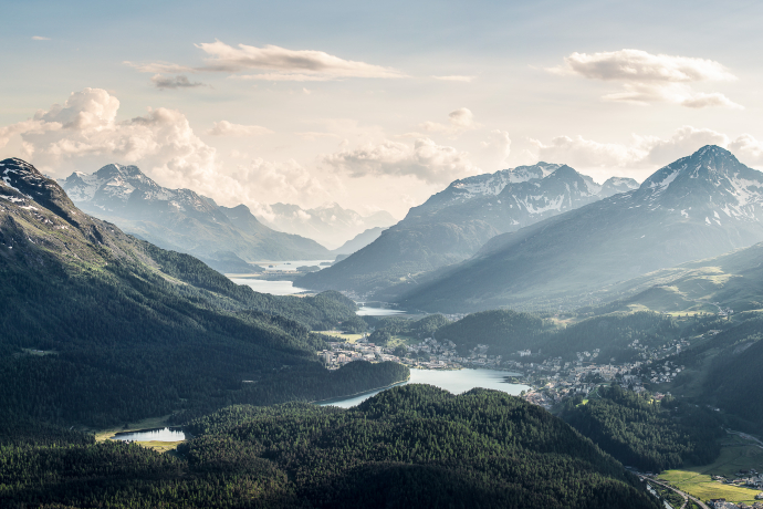 View of the Upper Engadine lake district from Muottas Muragl