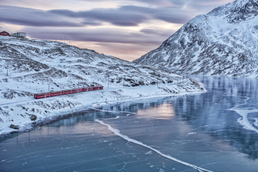 Un train des Chemins de fer rhétiques longe le Lago Bianco