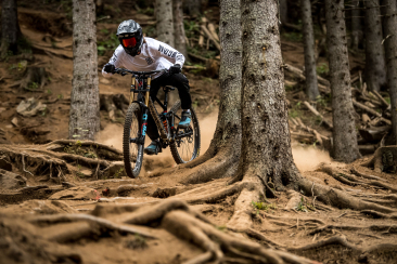 Downhill-Biker rast über eine wurzlige, steile Passage der Weltcup-Strecke STRAIGHTline im Bike Kingdom Park Lenzerheide