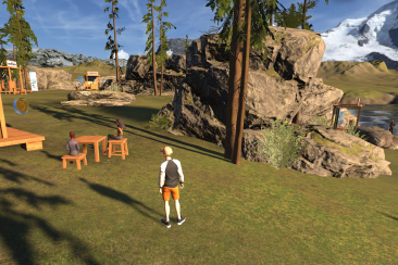 Ein Avatar steht in ener virtuellen Bergwelt mit einem Stand zu Graubünden.