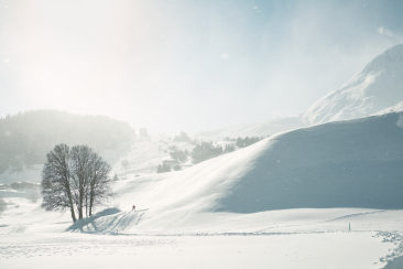 Verschneite Berglandschaft mit sanften Hängen und einem einzelnen Langläufer, der eine Spur im Schnee zieht.