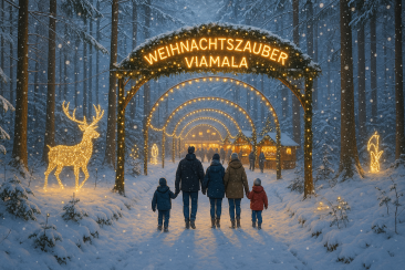 Familie spaziert durch verschneiten Wald mit Lichterbogen und Marktständen beim Weihnachtszauber Viamala