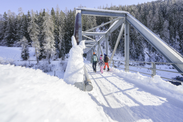 Eine Gruppe von Personen wandert über eine verschneite Metallbrücke im Unterengadin, umgeben von winterlichen Wäldern und hellem Sonnenschein.