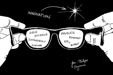 Schwarz-weisse Illustration von Händen, die eine Brille halten, mit Begriffen auf den Brillengläsern und dem Wort Innovation darüber