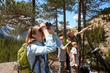 Famille lors d'une randonnée guidée observant les animaux sauvages sur le versant de la montagne dans le Val Tuors avec des jumelles et une longue-vue