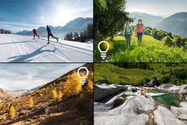Vierteilige Collage mit verschiedenen Aktivitäten in den Bündner Bergen im Winter, Frühling, Sommer und Herbst