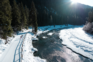 Langläufer auf einer sonnigen Uferloipe entlang des winterlichen Inns im Unterengadin